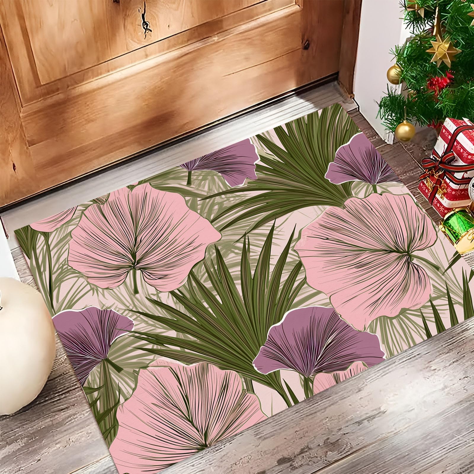 Tapis Feuilles De Palmier Tropicales 90X150Cm en Fausse Laine Vert Olive pour Salle De Bain Cuisine, Petit Paillasson D'Entrée D'Intérieur, Plantes Vintage, Tapis De Sol Antidérapant Lavable