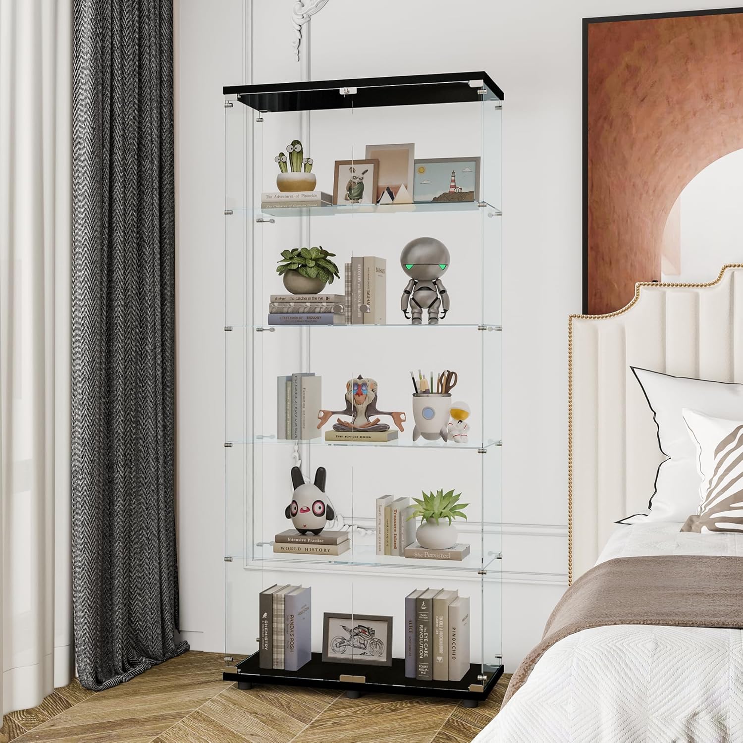 Goujxcy Modern Glass Display Cabinet with 5 Shelves, 2 Lockable Doors, Floor Standing Curio Bookshelf Collection for Living Room, Bedroom, Office (Black)
