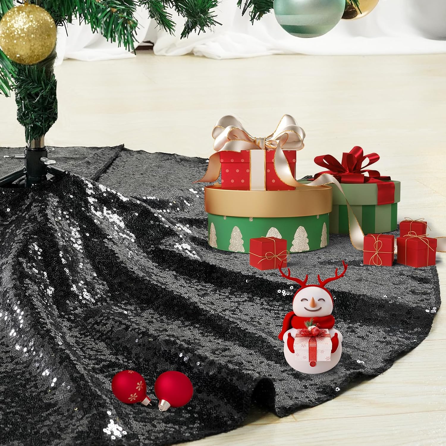 Black Christmas Tree Skirt, 36 Inch Sequin Tree Skirts