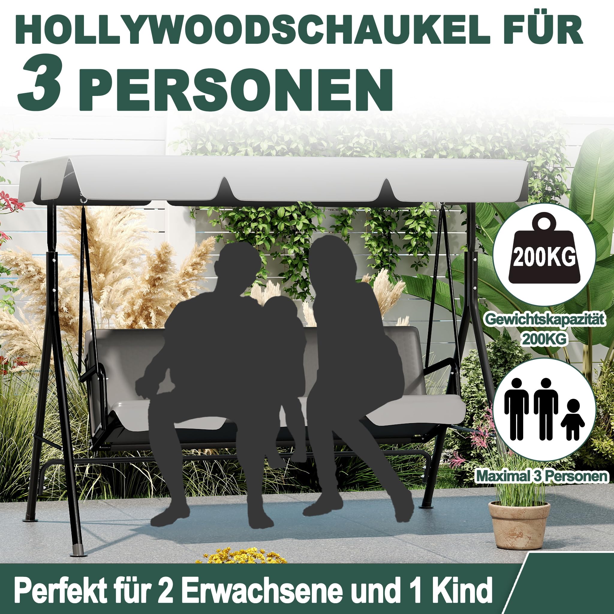 LILIIN Huśtawka ogrodowa Hollywood, 3-osobowa, z dachem przeciwsłonecznym, obciążenie do 200 kg, odporna na warunki atmosferyczne, huśtawka z komfortowymi poduszkami i antypoślizgowymi nóżkami, szara