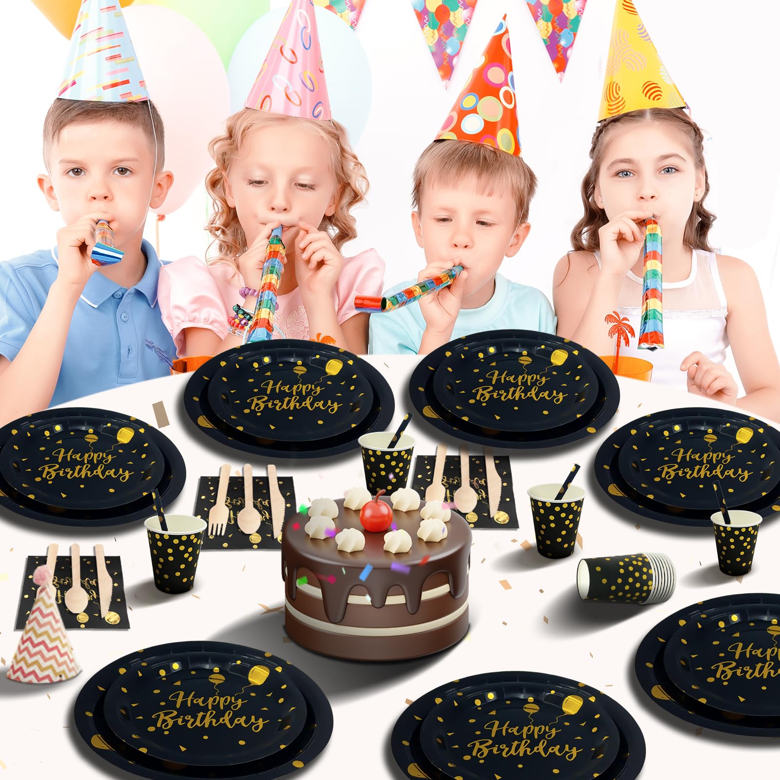 Compleanno Stoviglie Oro Nero 193 Pezzi Set Include Piatti, Tovaglioli, Tazze di Carta, Adatto a Tutti i tipi di Feste a Tema -24 Ospiti