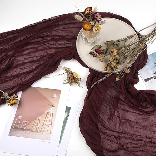 Miniatura 4 de WELTRXE 6 piezas de camino de mesa de gasa color borgoña, 35 x 160 pulgadas, camino de mesa de tela de gasa de 13 pies, camino de mesa rústico