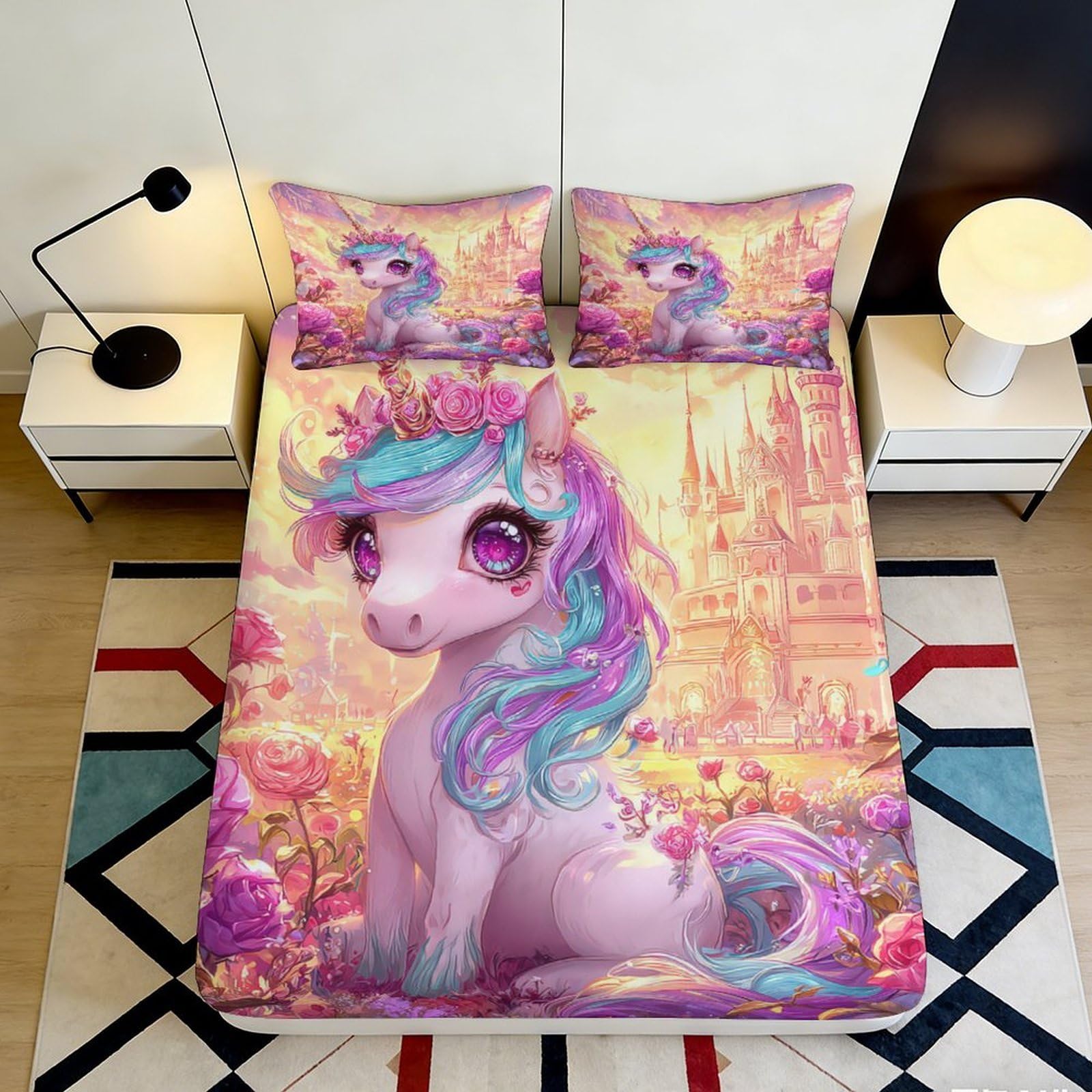 Pnayamiorkfel Style-10 3D Printed Pink Unicorn Fitted Sheet Microfiber Soft Breathable Fantasy Castle Bed Cover For Bedroom Dorm Decor 90X200x25cm