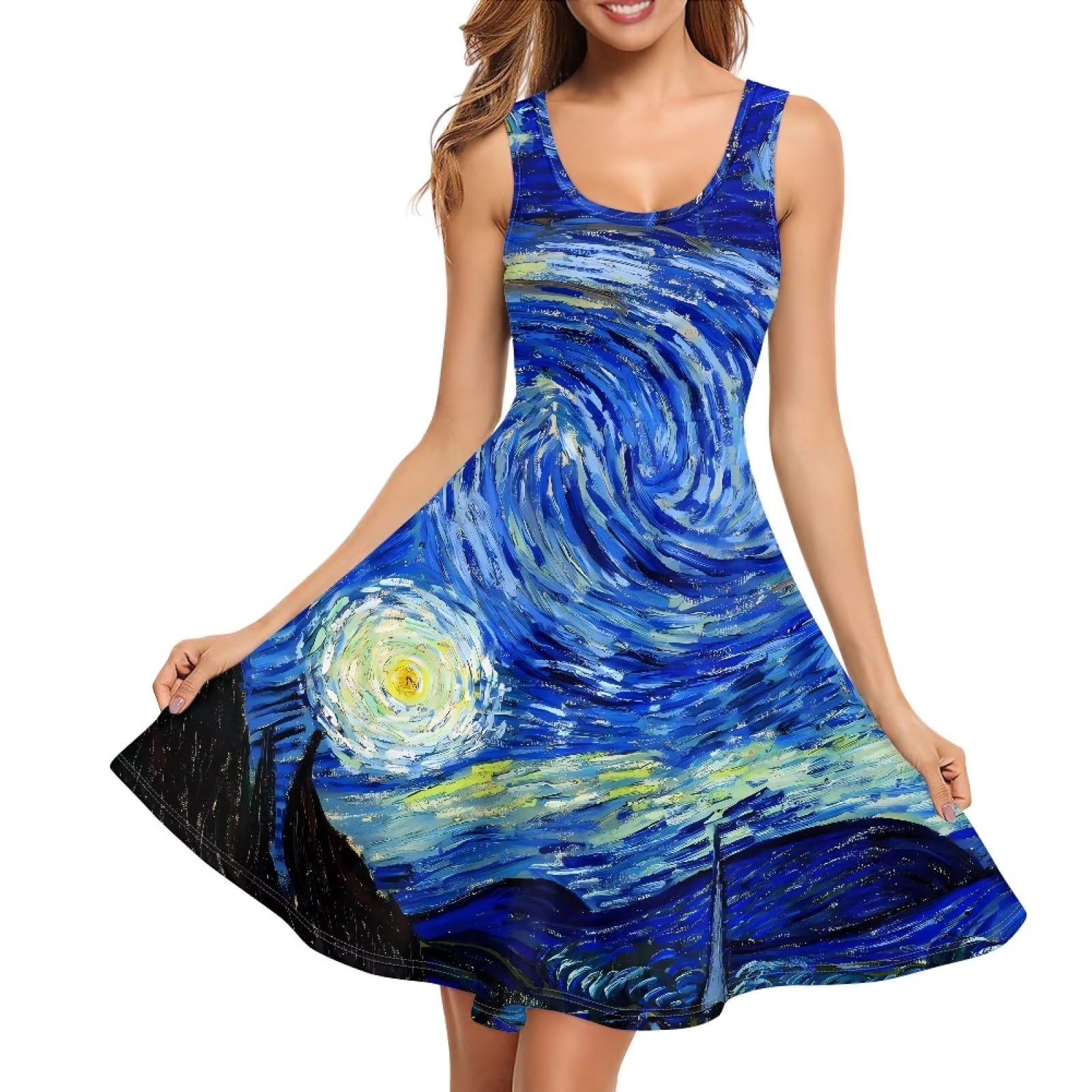 Women Stylish Tank Dresses Sleeveless Round Neck Midi Casual Dress with Pocket for Summer