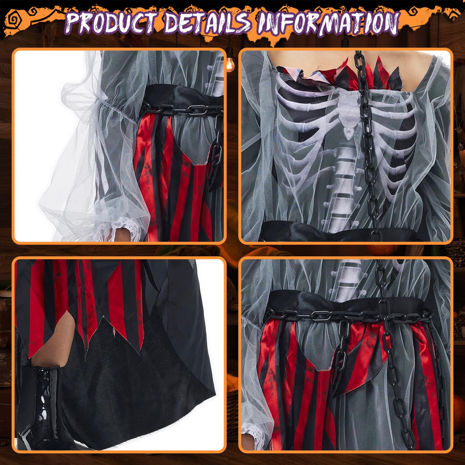Pirate Zombie Costume Girls Pirate Dress Set including Pirate Hat Horror Scary Skirt Medieval Gothic Viking Clothing Children for Halloween Carnival Theme Party (130 cm) - Image 4