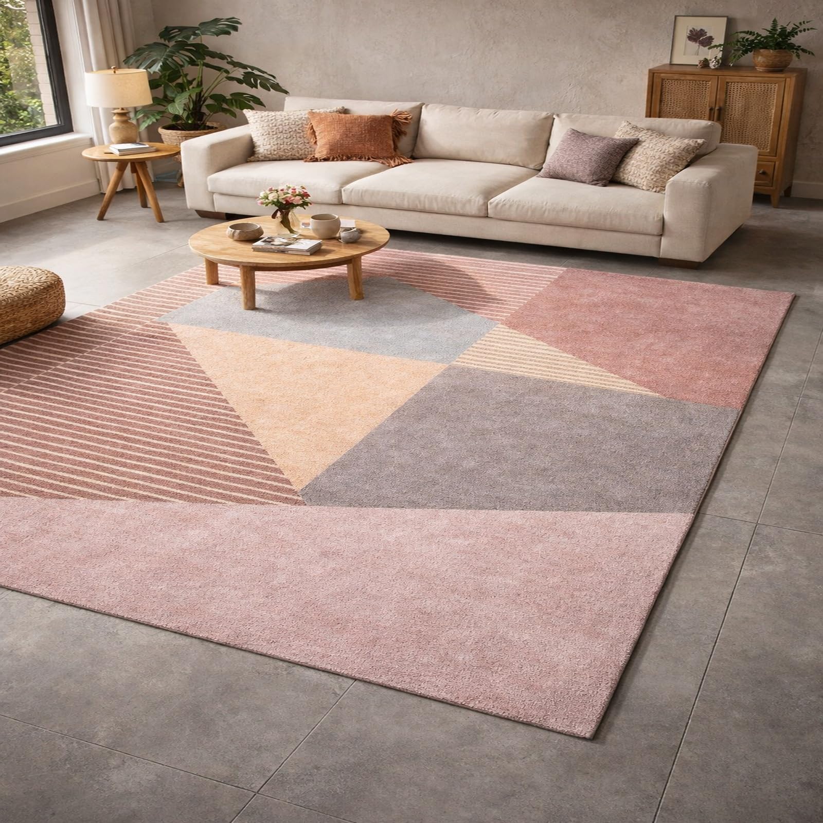 Tapis à poils courts facile à nettoyer beige et rouge terracotta pour salon familial