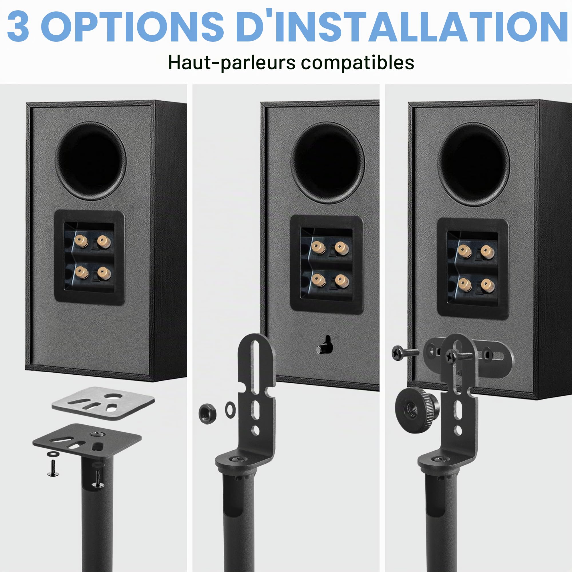 Supports d'enceintes OUUTMEE, Supports d'enceintes, réglables en Hauteur de 86 à 127 cm avec Gestion des câbles, Fixation pour Enceintes, Lot de 2, capacité de Charge de 3,6 kg chacun.