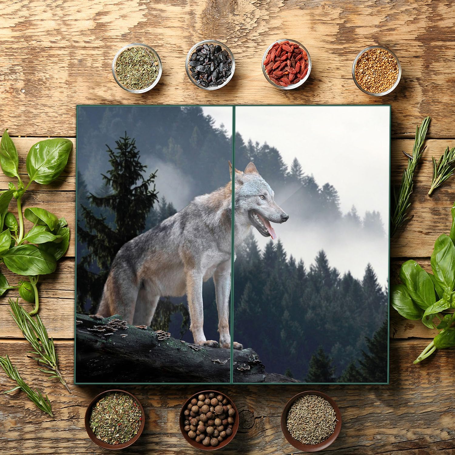 Herdabdeckplatte 2 teilig Ceranfeld Tiere Grün 2x30x52 Kochplatten Glas Küche