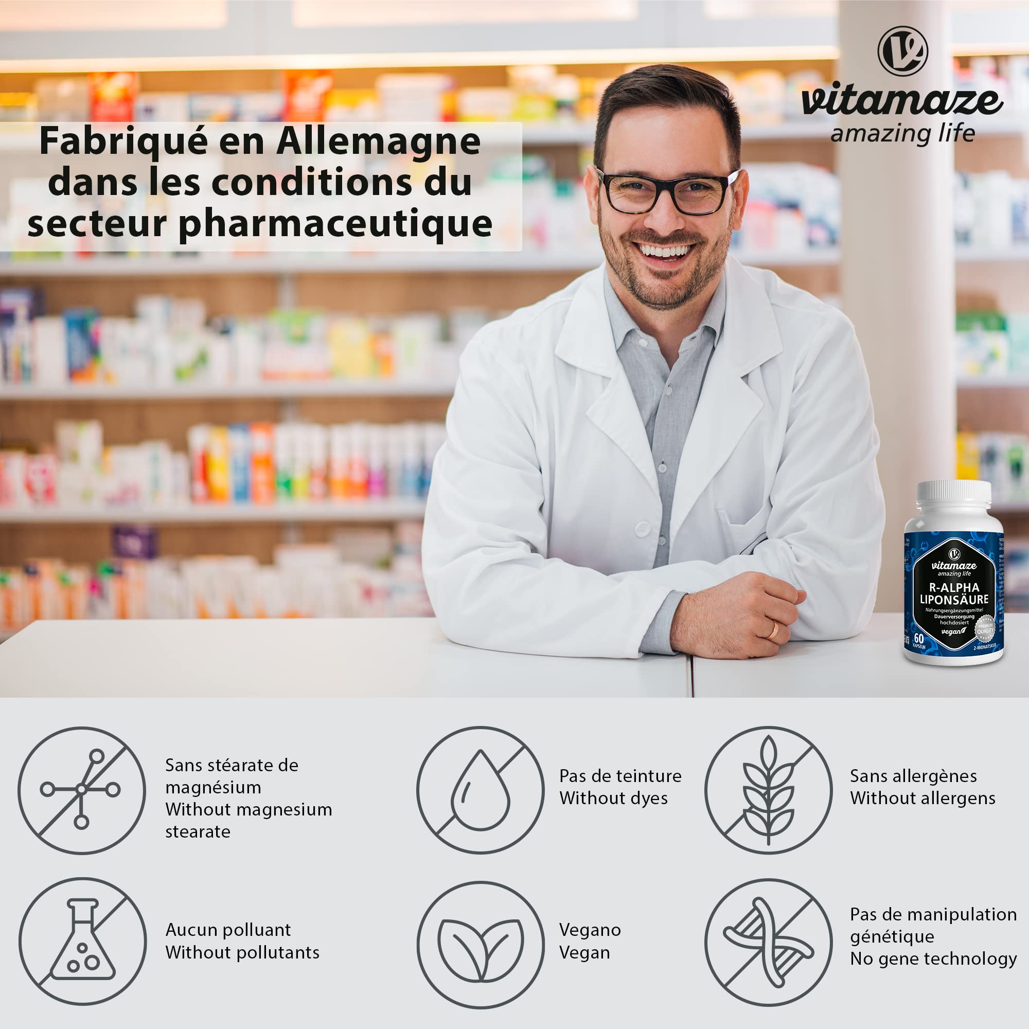 Acide Alpha-Lipoïque à Haute Dose, 200 mg par Capsule, Vegan, 60 Gelules pour 2 Mois, Forme Naturelle D'Acide Thioctique, Complément Alimentaire sans Additifs Inutiles