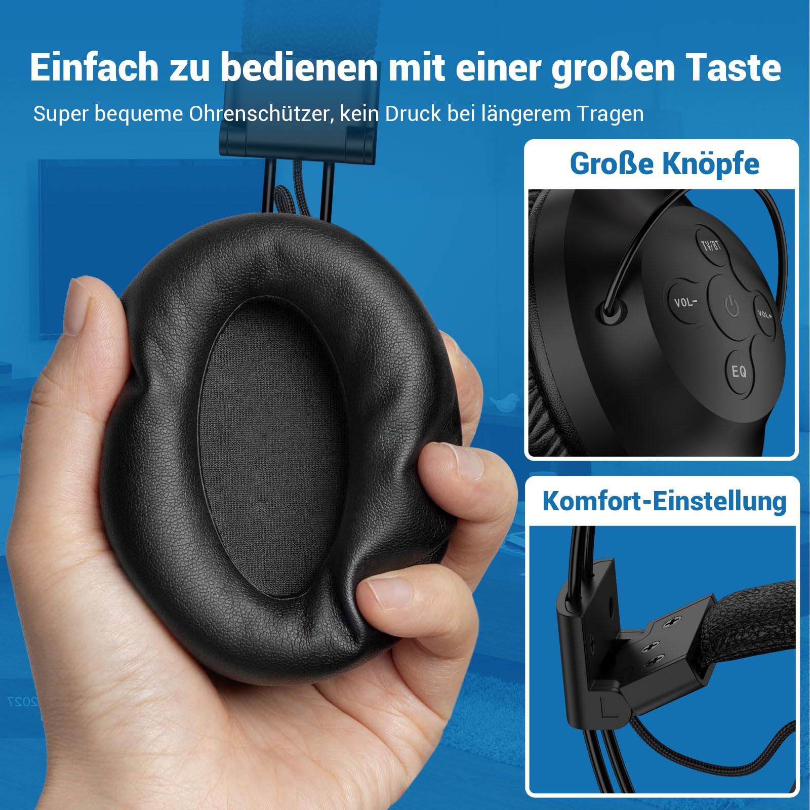 Dual Wireless Kopfhörer zum Fernsehen mit Sender und Headset-Ständer, 196ft Reichweite mit optischen, AUX, RCA und USB, hohe Lautstärke, 40 Stunden Spielzeit