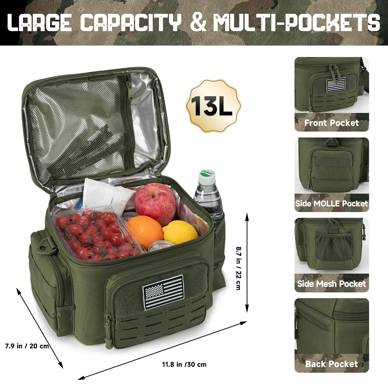 QT&QY Sac Repas Tactique 13L Militaire Renforcé - Glacière Isotherme Étanche Durable avec Système MOLLE Découpe Laser, pour Bureau/Camping/Pique-nique - Boîte Repas Adulte Hommes