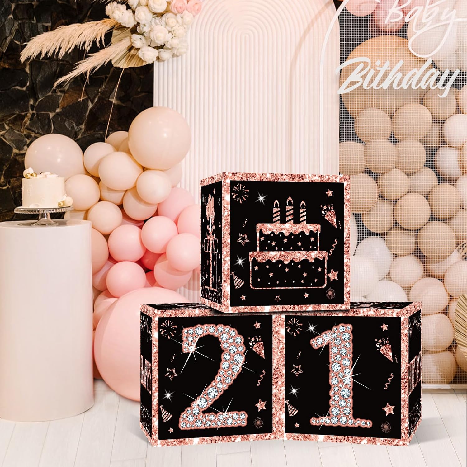 Eiurteao 3pcs 21st Birthday Decorations Boxes for Girls, Rose Gold Happy 21 Birthday Balloons Boxes Party Supplies, Twenty-one Bday Theme Cardboard Box Decor - Image 6
