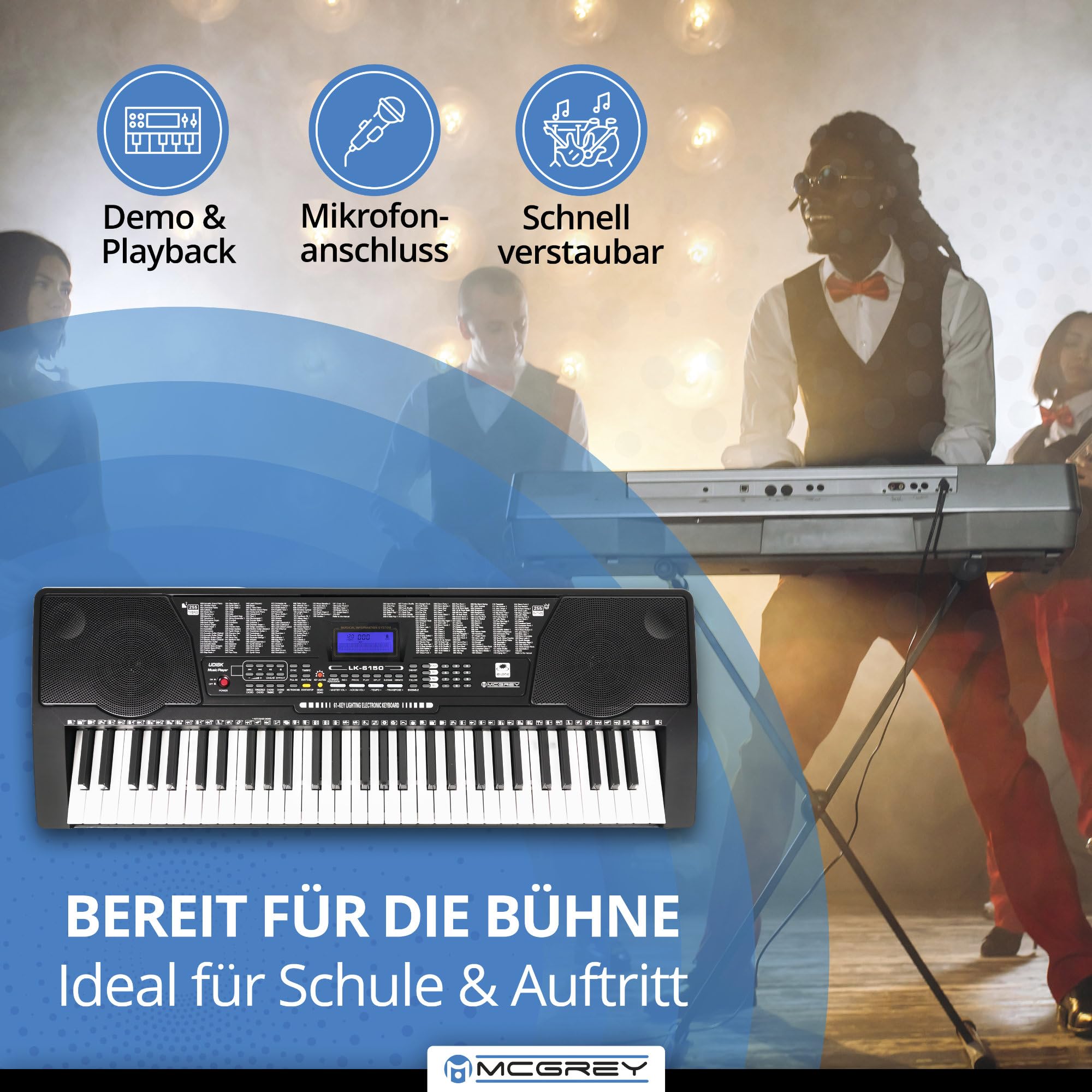 McGrey LK-6150 61 Tasten Keyboard Set - Einsteiger-Keyboard mit 61 Leuchttasten - 255 Sounds und 255 Rhythmen - integrierter MP3-Player - inkl. Ständer und Hocker - Schwarz