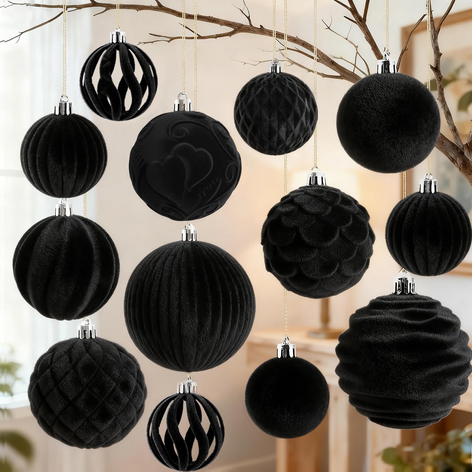 Photo 1 of 18Pcs Velvet Christmas Tree Ornaments Set, Black Shatterproof Flocked Christmas Decorations Bulk for Tree, Classic Decorative Hanging Ball Ornaments for Xmas Holiday Home Party Decor