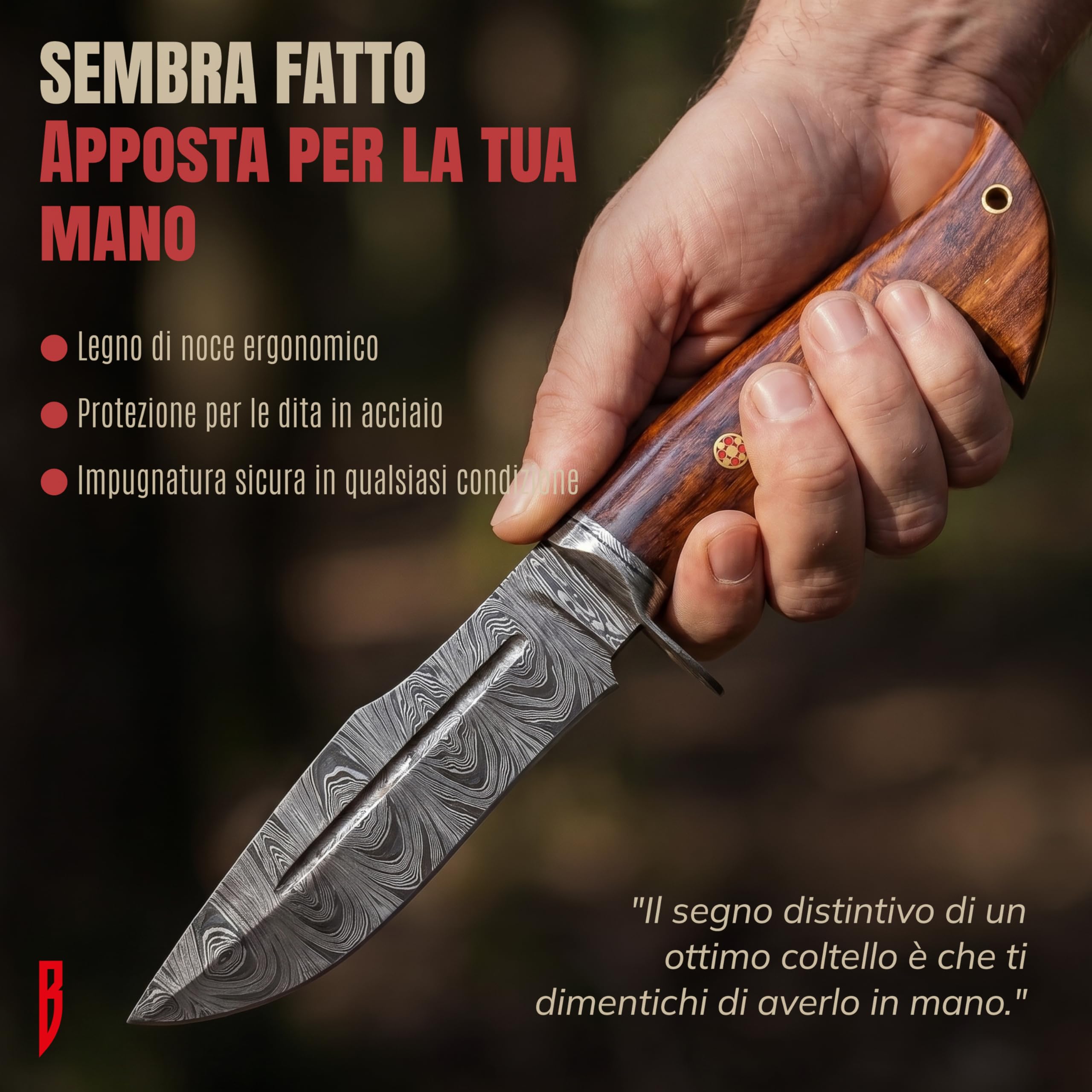 BIGCAT ROAR Beast Hunter - Coltello da Caccia Artigianale in Acciaio Damasco 25 4 cm - Manico in Legno di Noce e Fodero in Cuoio - EDC Bushcraft Campeggio Sopravvivenza - Idea Regalo Uomo Cacciatore