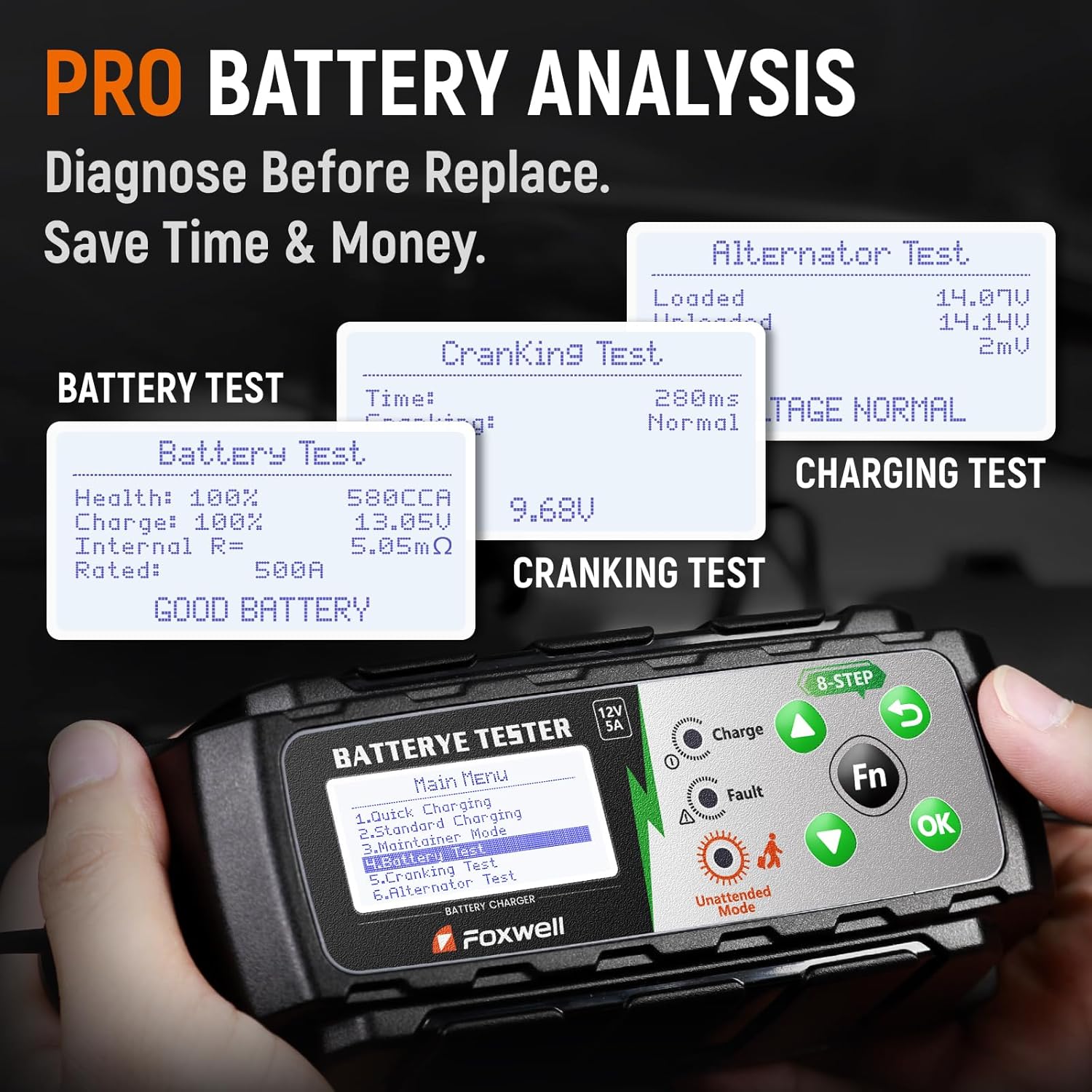 FOXWELL BC521 performing battery, cranking, and alternator tests