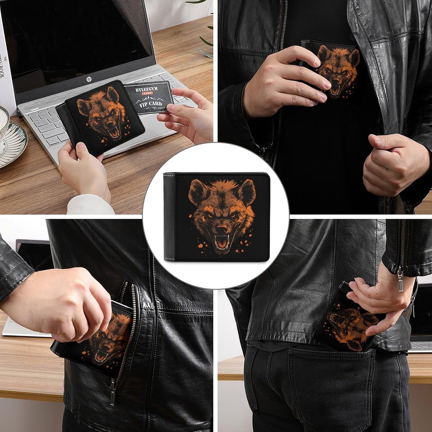 Angry Hyena Dog Mens Bifold Wallet Single-Sided Printed Slim 6 Card Holders Purse Leather Money Clip