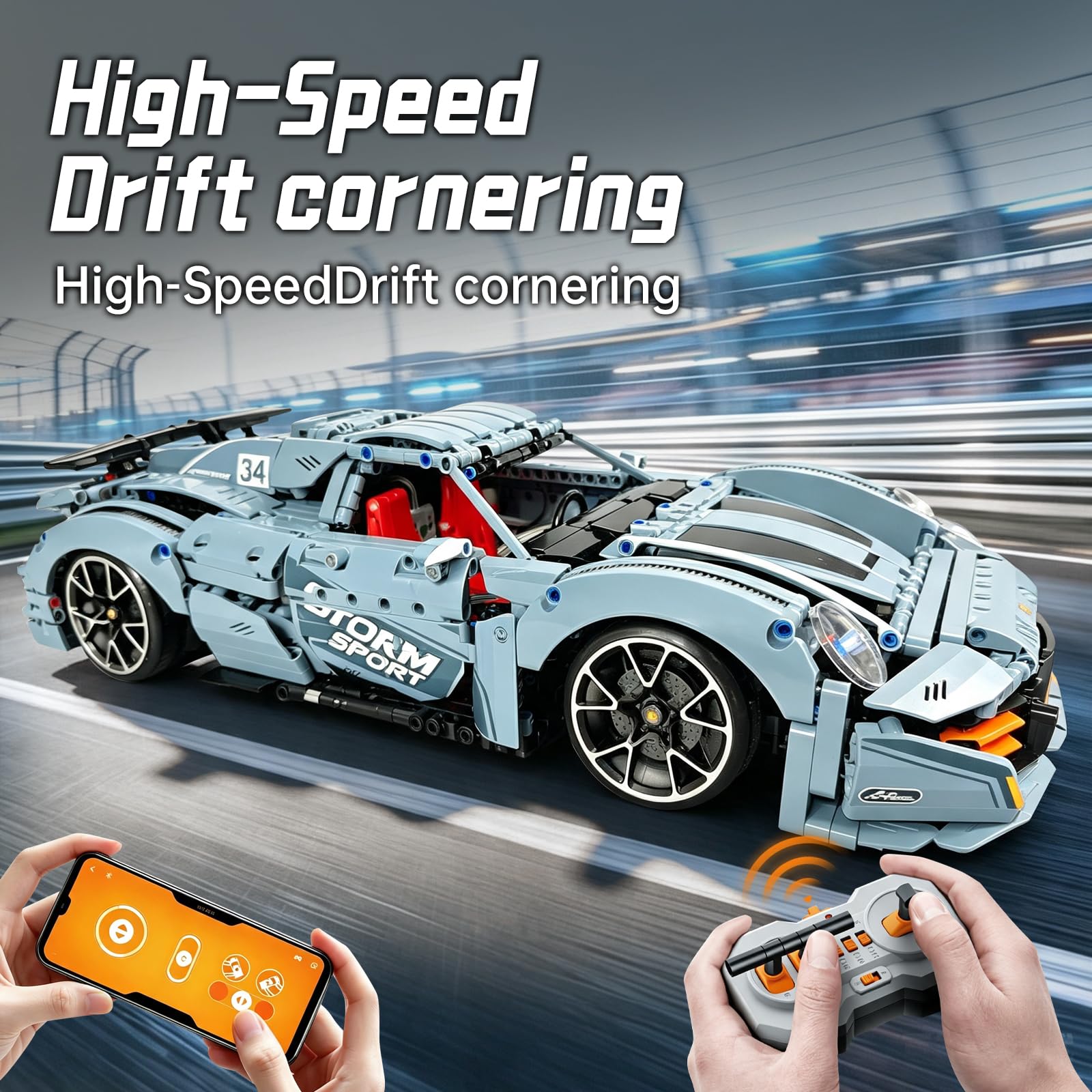 1:10 RC Drift Supercar - Kit di costruzione per auto sportive, 1385 pezzi