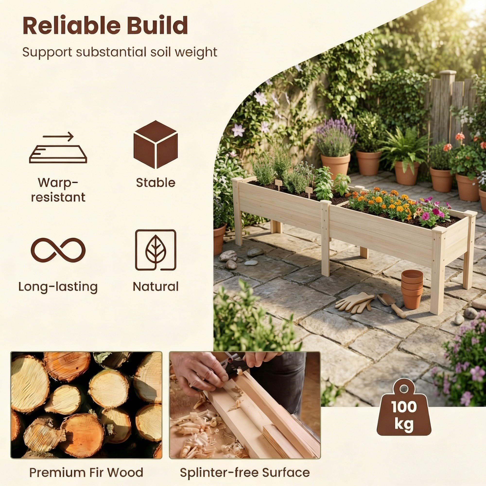 HOMASIS Jardinière Surélevée avec Étagère, Bac à Plantes en Bois de Sapin avec Trou de Drainage, Parterre de Fleurs Surélevé pour Jardin, Balcon, Terrasse (Naturel, 240 x 43,5 x 51,5 cm)
