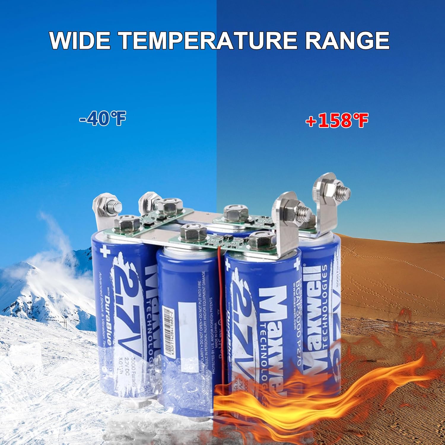 Maxwell 16V 500F Super Capacitor 12V Jump Starter 6000A Car Starter No Traditional Battery, Powerful Jump Box for All 12V Cars, 6pcs 2.7V 3000F Works in -45°F, 1 Mins Fast Charging for Instant Usage