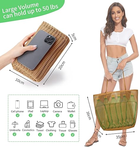 Miniatura 5 de KALIDI Bolsa de malla de playa, bolso de mano casual Hobo para mujer, plegable MAX 23L, bolso de hombro para vacaciones de picnic en la playa