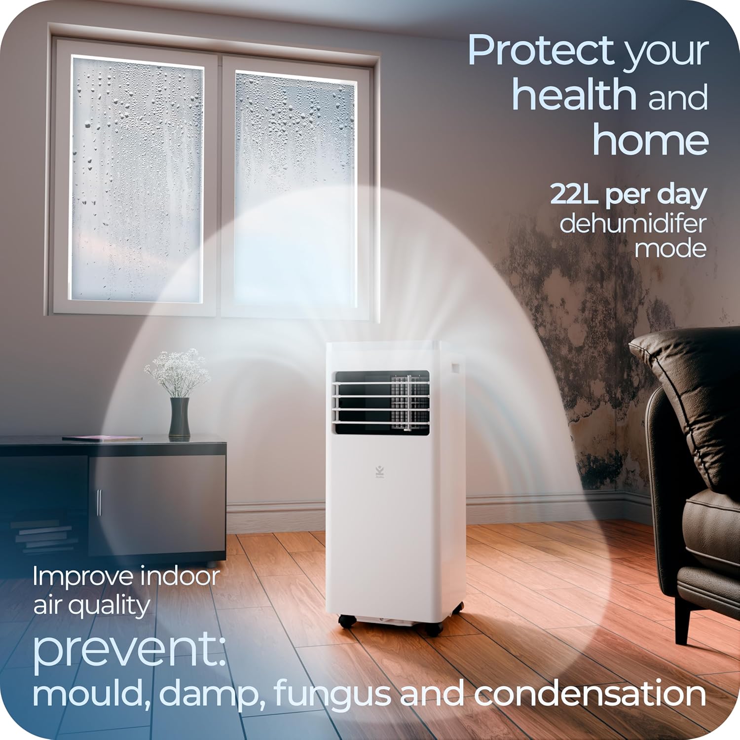 Avalla S-150 portable air conditioner in a room with visible damp and mould on the wall, illustrating its ability to improve indoor air quality and prevent mould.