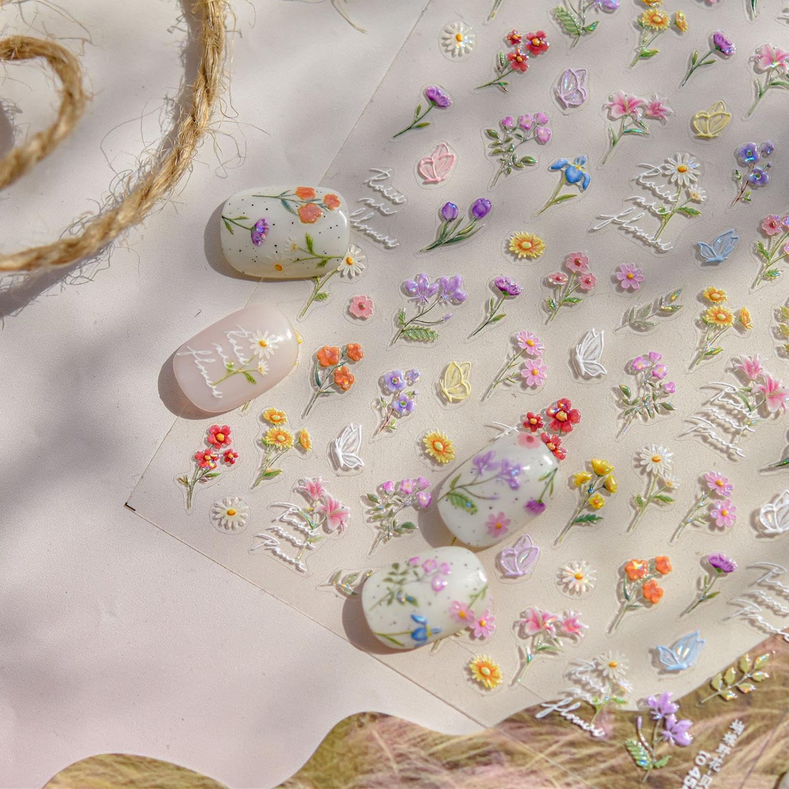 Flower Nail Stickers Wildflower Nail Art Stickers with Butterfly Design 5D Embossed Self Adhesive Spring Nails Decals Charms Supply Decoration Accessories for Women