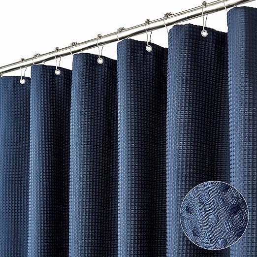Dynamene Thick Fabric Shower Curtains for Bathroom - Waffle Weave Heavy Duty, 256GSM Hotel Spa Luxury Weighted Polyester Cloth Bath Curtain Set with 12 Plastic Hooks,72x72, Navy Blue