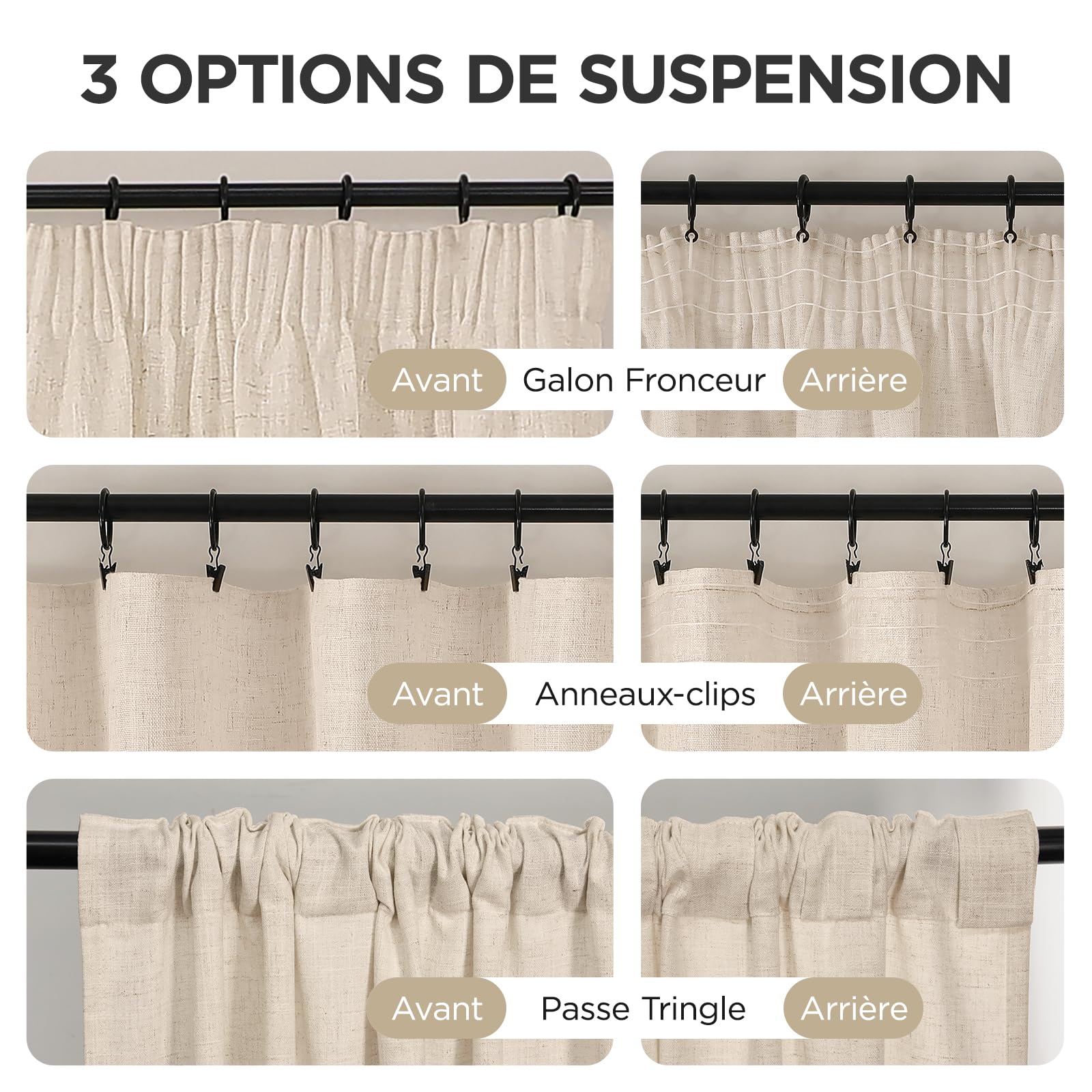 Joydeco Rideau Voilage Lin Naturel avec Galon Fronceur sur Rail 140x245cm 2 Panneaux, Rideaux Voilages Semi-Transparent Hauteur 245cm pour Decoration de Porte-fenêtre Chambre Salon, Beige