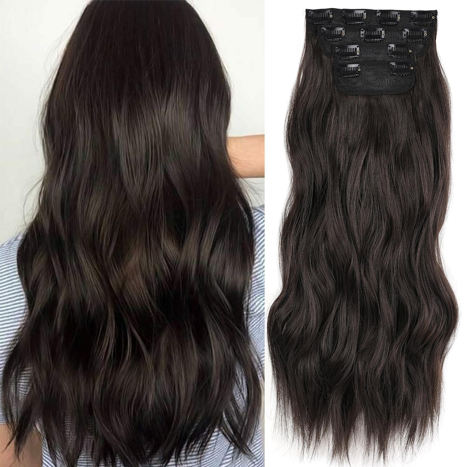 Xtrend 24Inch Long Wavy Hair Extensions Clip in Hair Extensions Synthetic Hair pieces for Women Girls 4PCS Full Head Set Thick Curly Wavy Synthetic Hair Extensions(Dark brown#)