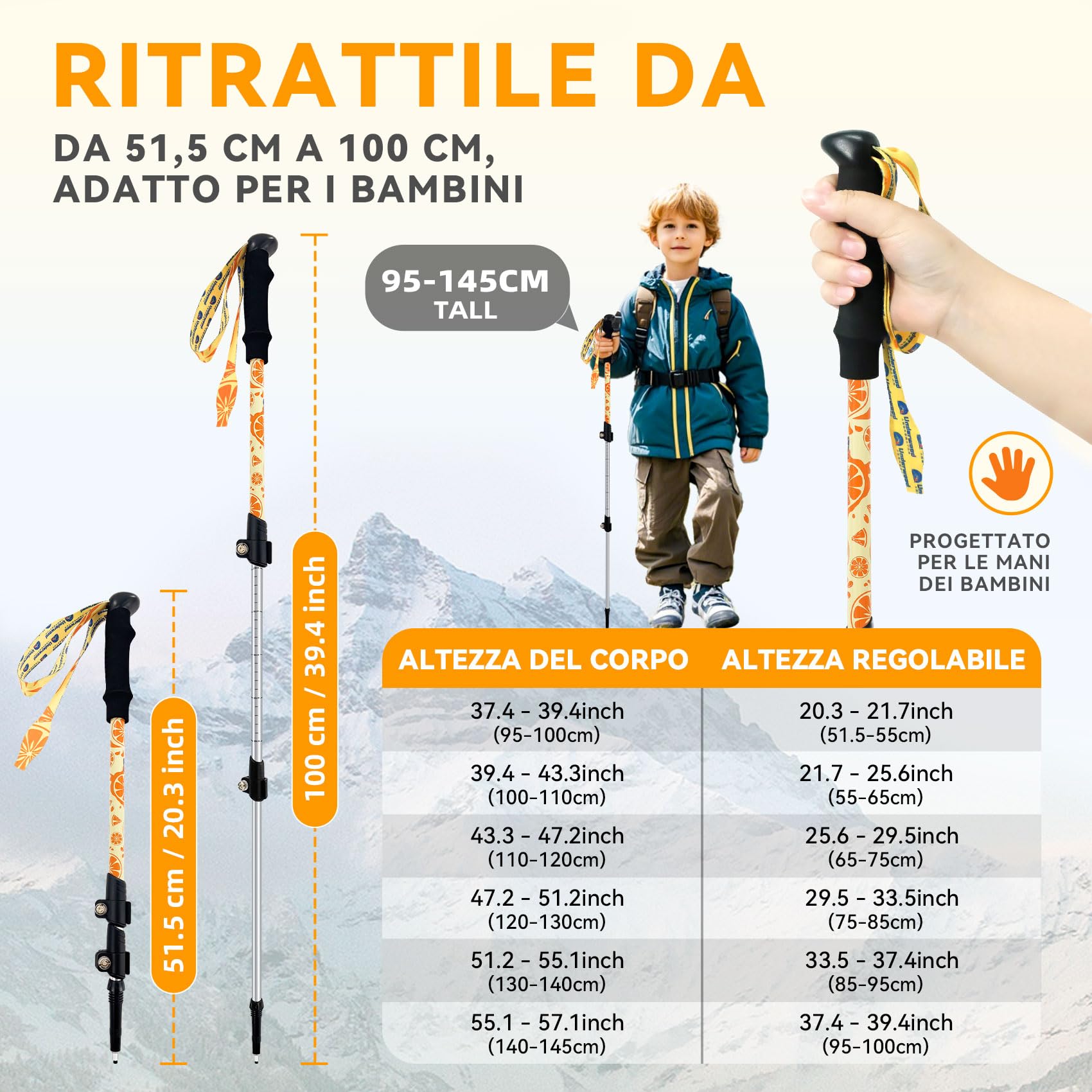 Bastoncini da Trekking Pieghevoli per Bambini - 2 Bastoncini Regolabili Leggeri, Bastoni in Alluminio Pieghevoli per Bambini, Design Retrattile per Escursionismo/Sci (6-12 Anni)