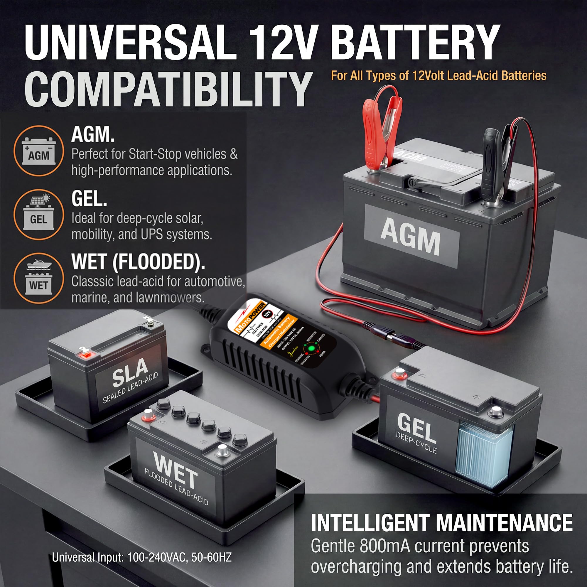 MOTOPOWER MP00205A Lot de 2 chargeurs de Batterie automatiques 12 V 800 mA, mainteneur de Batterie, Chargeur à régime Lent et désulfateur de Batterie