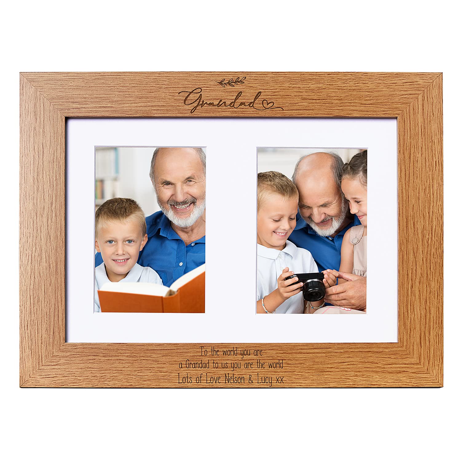Personalised Grandad Wooden Double Brown Photo Frame Gift For 2 x 6" x 4" Pictures