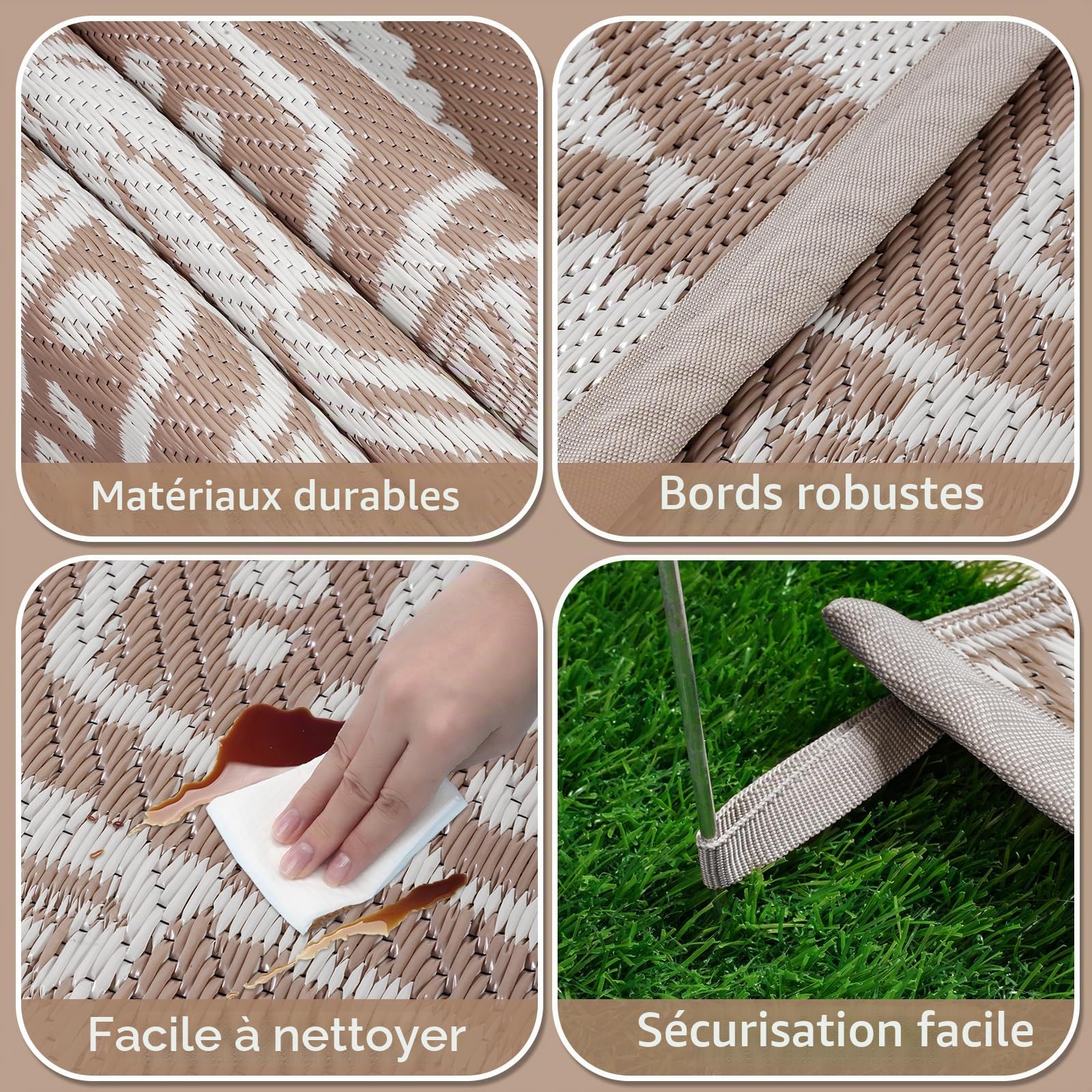 Tapis Exterieur Resistant Pluie Terrasse Tapis Barbecue Sol Exterieur Grand Tapis Plastique Exterieur Imperméable Tapis d'extérieur pour Terrasse Jardin Balcon Plage Salon 180 x 270 cm, Beige Marron