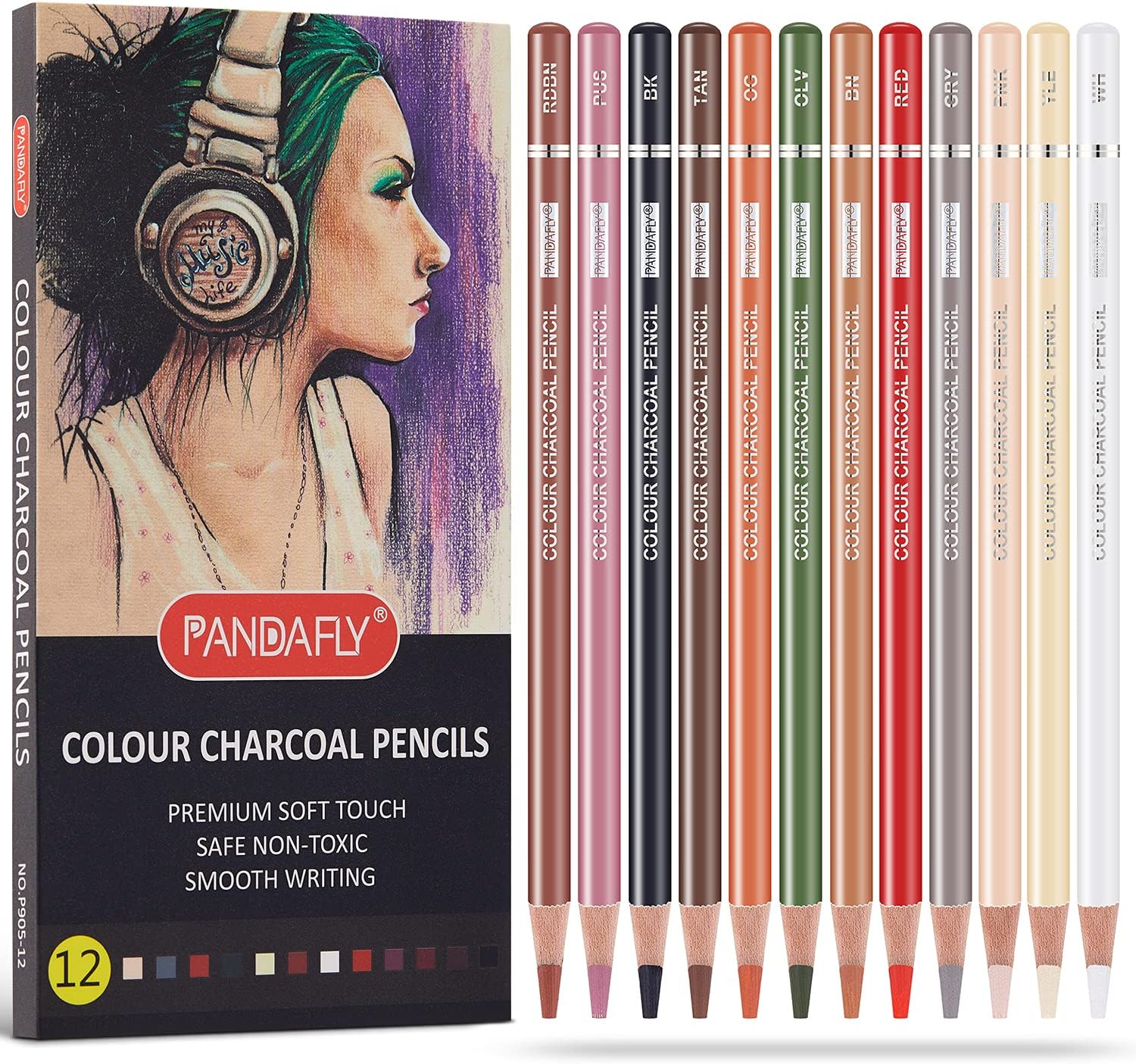 PANDAFLY Professional Colored Charcoal Pencils Drawing Set, Skin Tone Colored Pencil, Pastel Chalk Pencils for Sketching, Shading, Coloring, Layering & Blending, 12 Colors