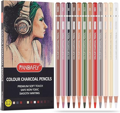 Miniatura 3 de PANDAFLY Juego de 5 lápices de carbón blanco, juego de dibujo de 12 colores, lápices de carbón de colores profesionales