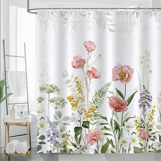 Bonhause Spring Floral Shower Curtain 180 x 180 cm Garden Flower Leaves Plant Bathroom Curtain Waterproof Mildew & Mould Resistant Polyester Fabric Bath Curtain with 12 Hooks
