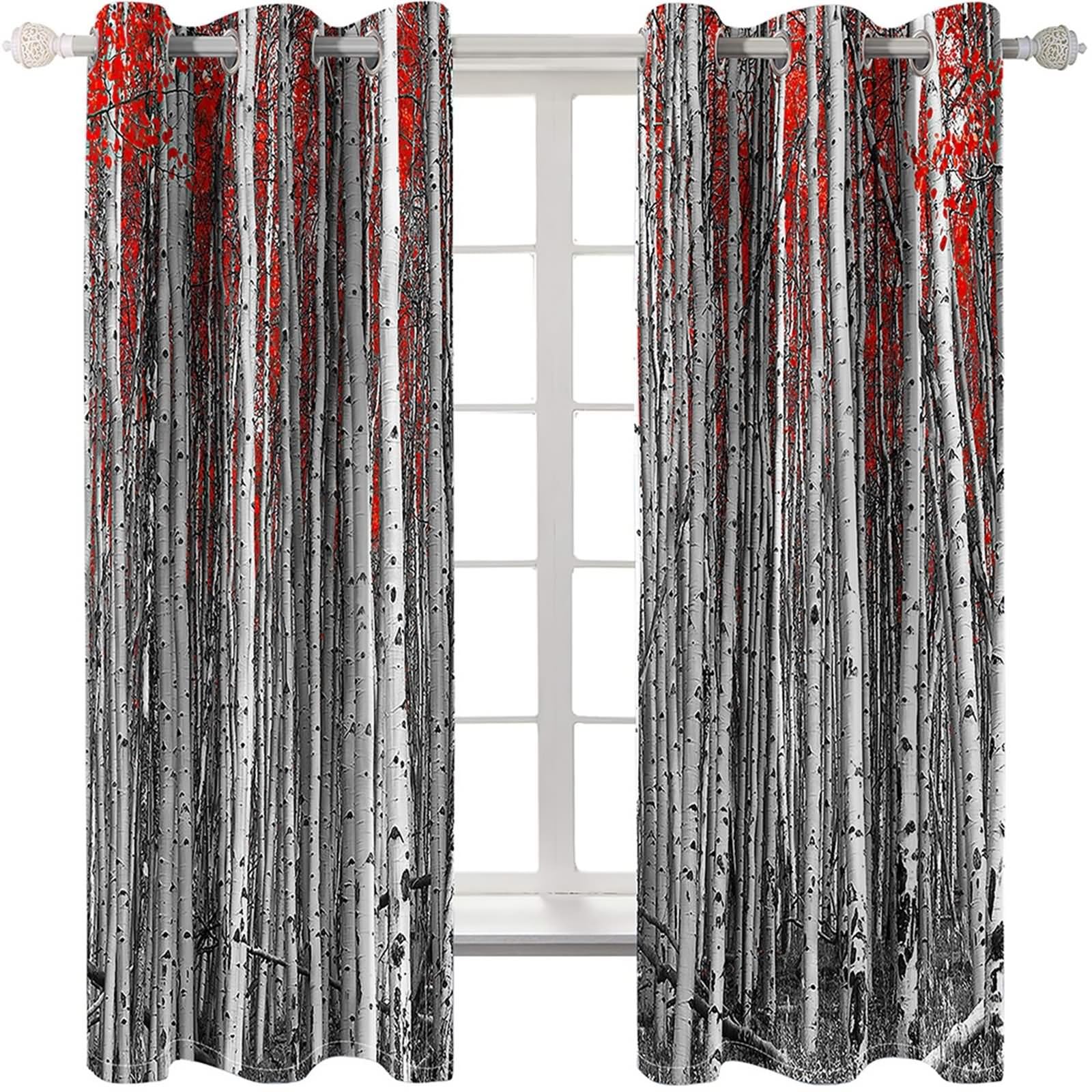 Zasłona do sypialni rodzicielskiej, zasłona okienna do wnętrz łazienka pomarańczowy szary biały brzozowy las poliester 2 panele 214 x 138 cm