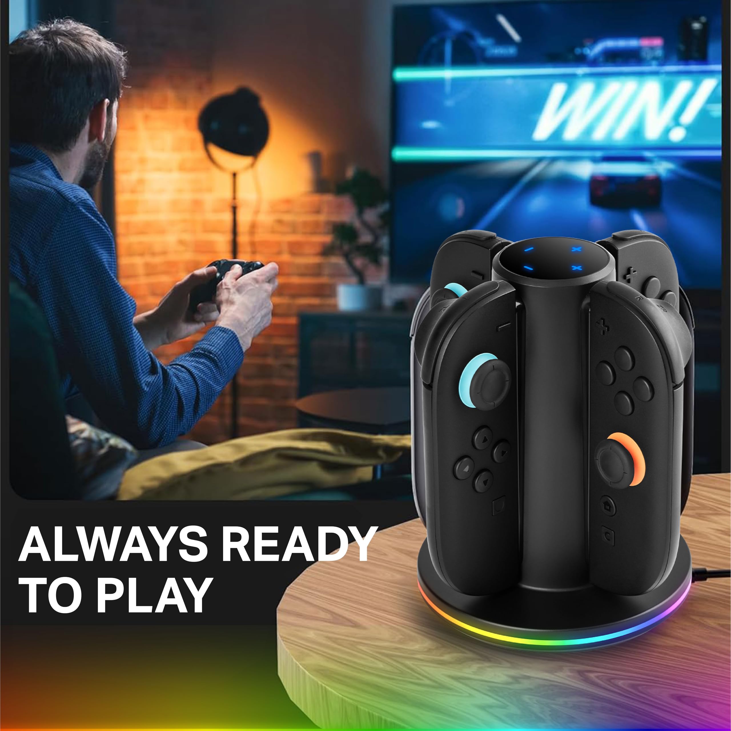 NITHO Stacja ładująca 4 w 1 do kontrolerów Switch 2, stacja ładująca z diodami LED RGB, stacja ładująca USB-C do 4 kontrolerów, akcesorium gamingowe do Switch 2