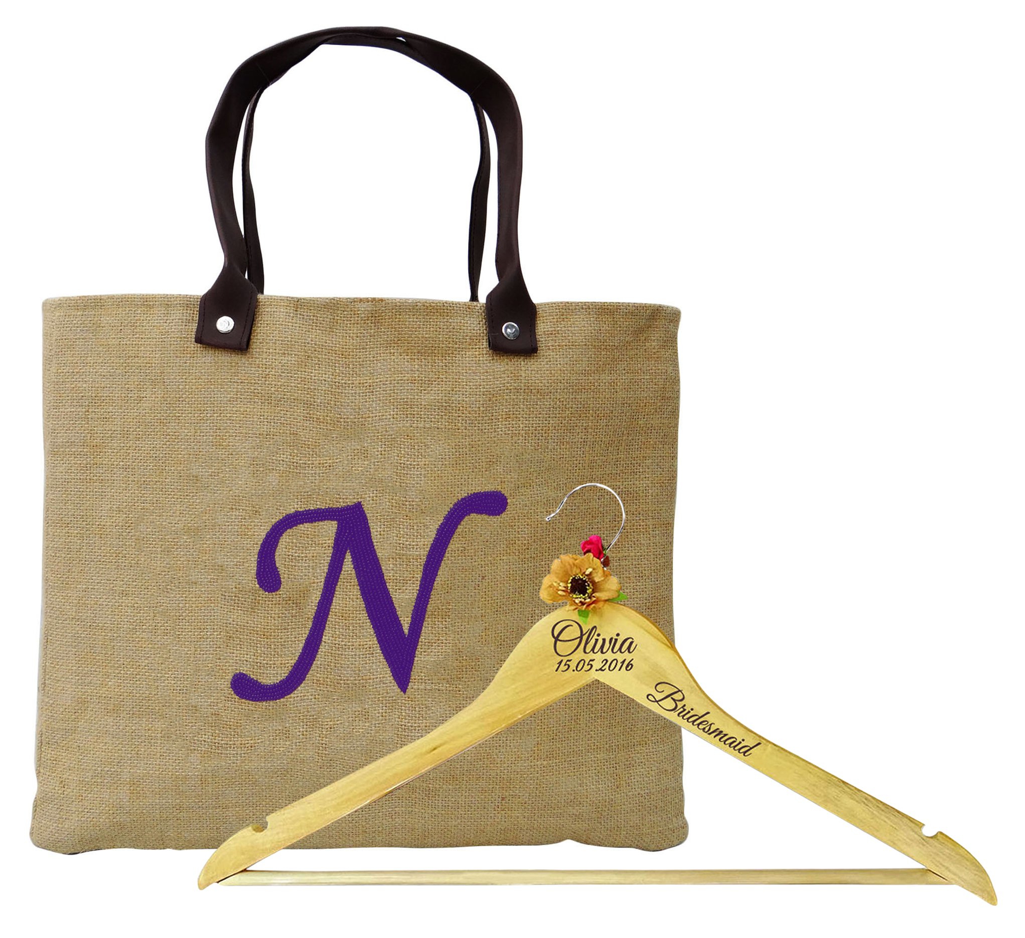 Darling Souvenir Yute Bolsa Inicial de Encargo con personlaized Nombre Grabado Favor Percha de Madera de la Boda le agradece Regalo