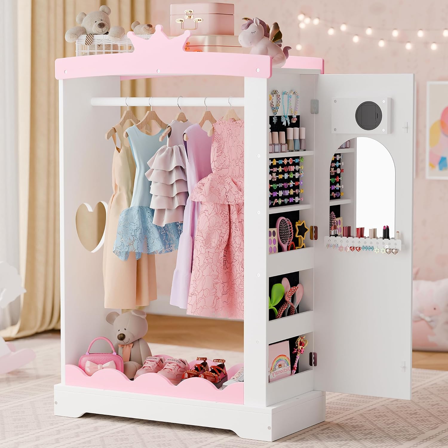 Xilingol Kids Armoire with Jewelry Cabinet, Dress up Storage with Mirror, Princess Dress Closet and Costumes Wardrobe Closet, Costume Organizer for Bedroom, Kids Room, Girls (White)