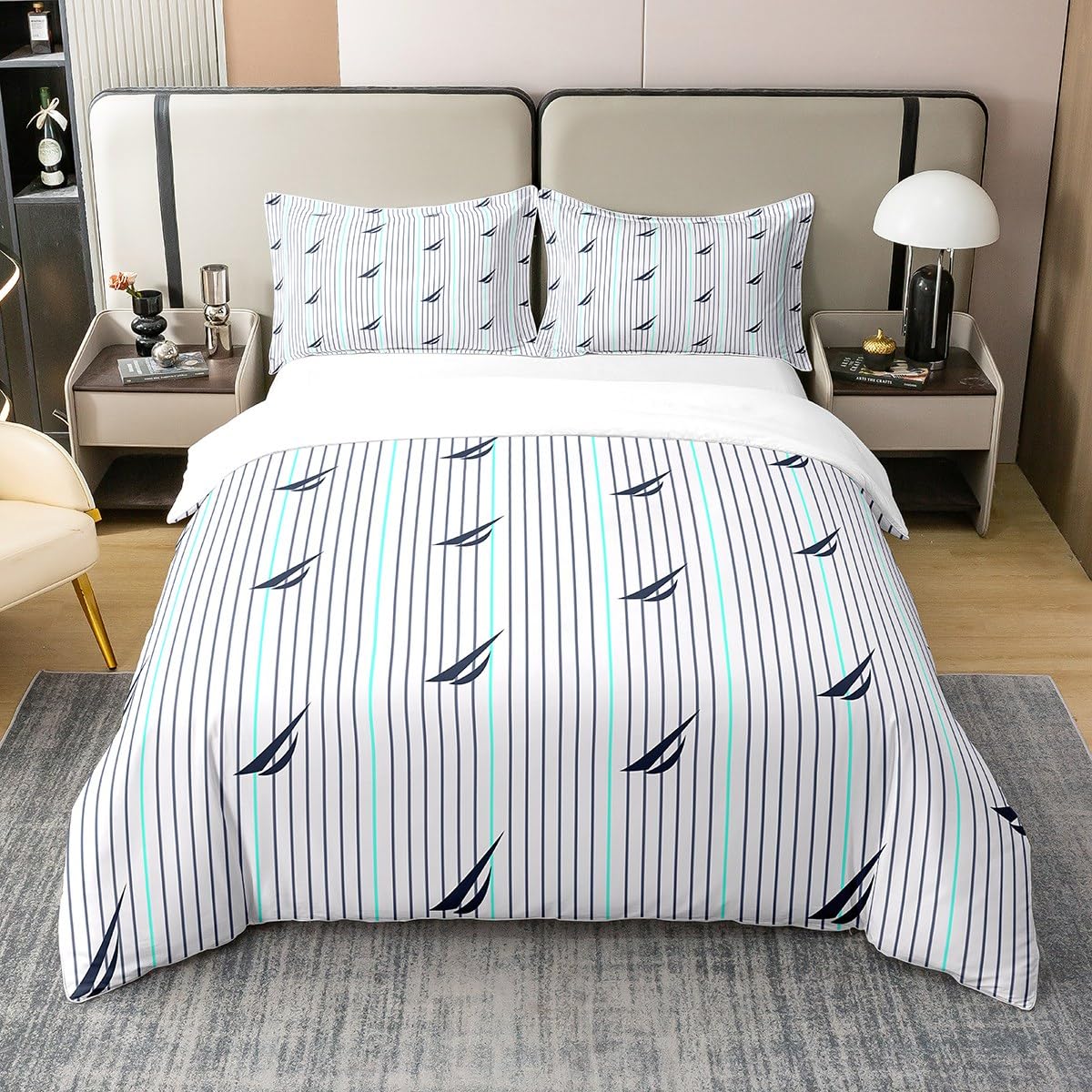 Natural Bedding 100% Cotton Duvet Cover Set Set King Size Southern Tide Bedding Set for Kids Boys Girls Decor Coastal Comforter Cover Set Boat Strip Lines Grey Bedspread Cover Bedroom Bedclothes โ image 1