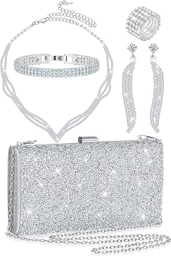 Henoyso Juego de 5 piezas de joyería de diamantes de imitación con diamantes de imitación para novia, graduación, collar, aretes, pulseras para