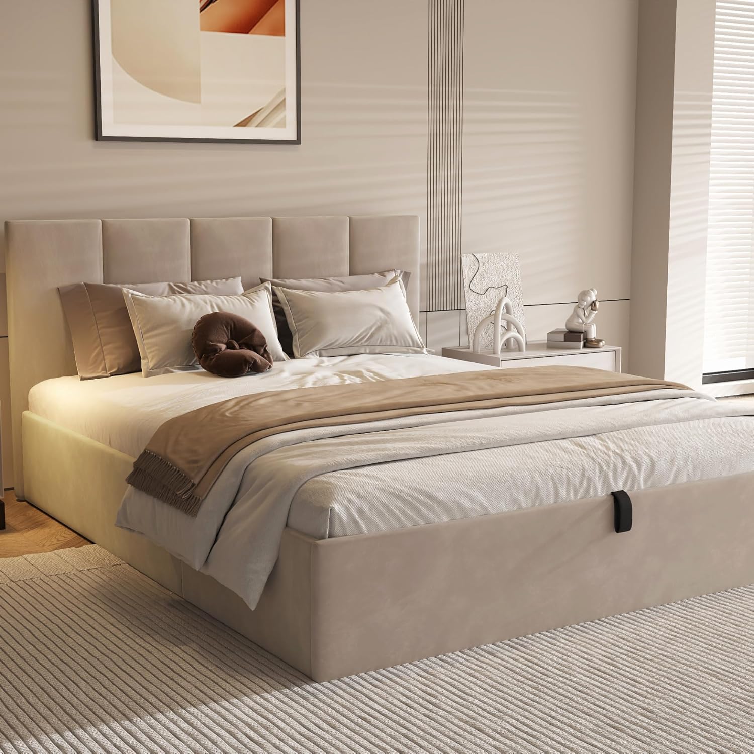 VELOCAVA Queen Size Lift-Up Hydraulic Storage Bed, Beige Linen Upholstered Platform Bed with Vertical Channel Headboard, Wooden Slat Support, No Box Spring Needed, Easy Assembly