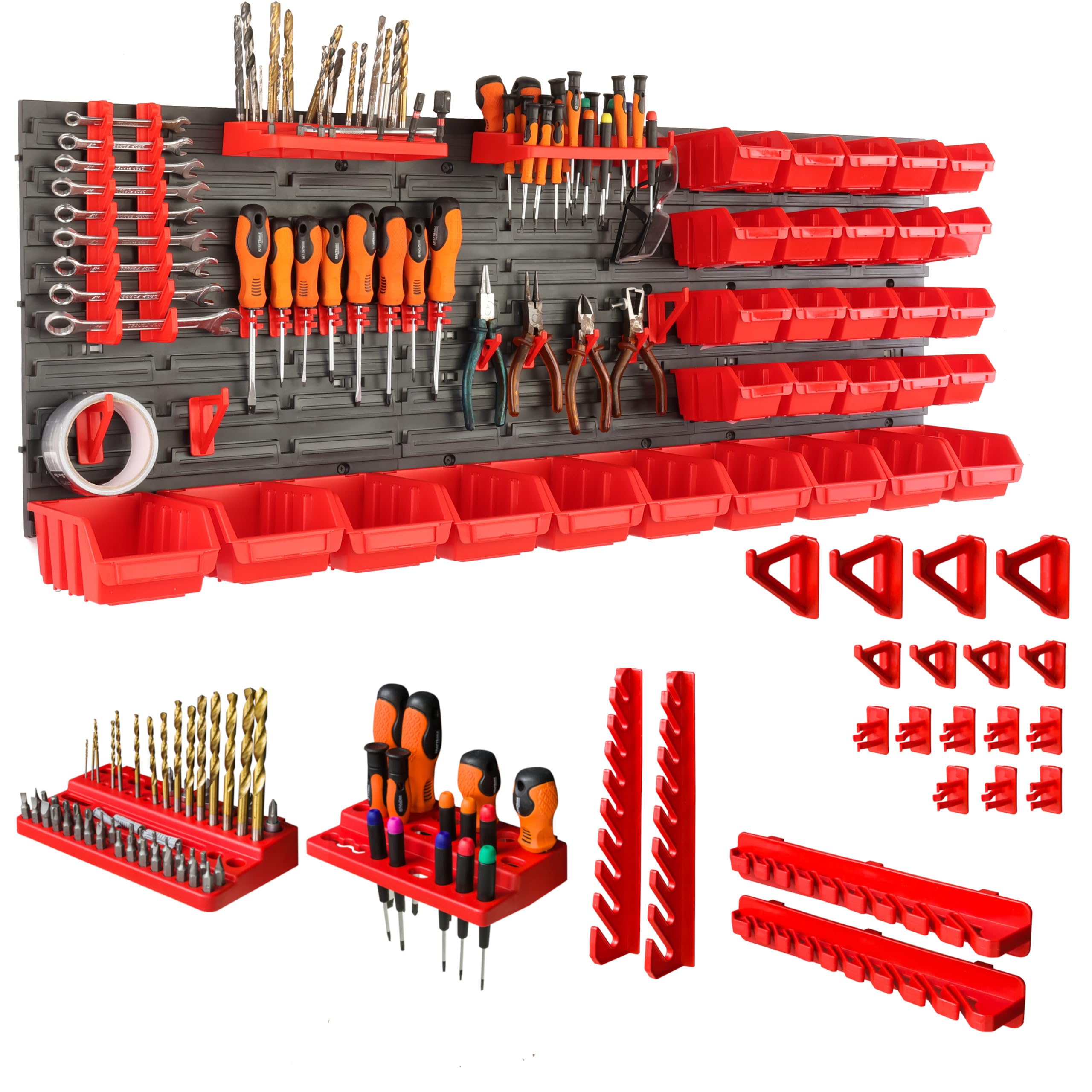 botle® Werkzeugwand Lochwand aus Kunststoff, Stapelboxen + Wandregal + Werkzeughalter 55-teiliges Set, Kleinteilelager 116 x 39 cm, Wandwerkstatt mit 30 stapelbaren Behältern, Hängeregal Sortierregal