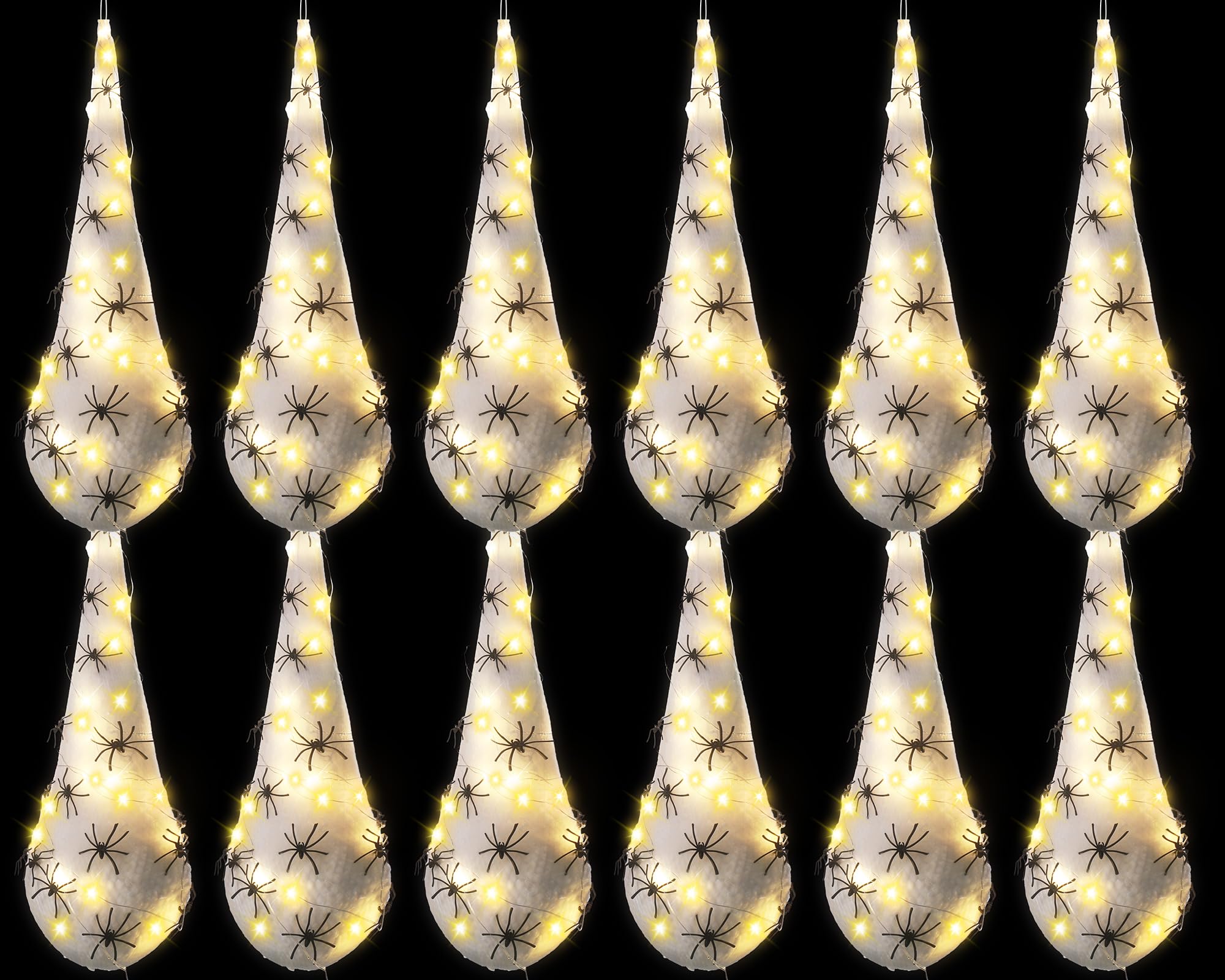 12 Pack Halloween Spider Hanging Egg Sacks Light-up Spider Egg Sacks Decoration Set with Lights, Large Realistic Haunted House Props for Yard Lawn Tree Outdoor Party Decor (Yellow)