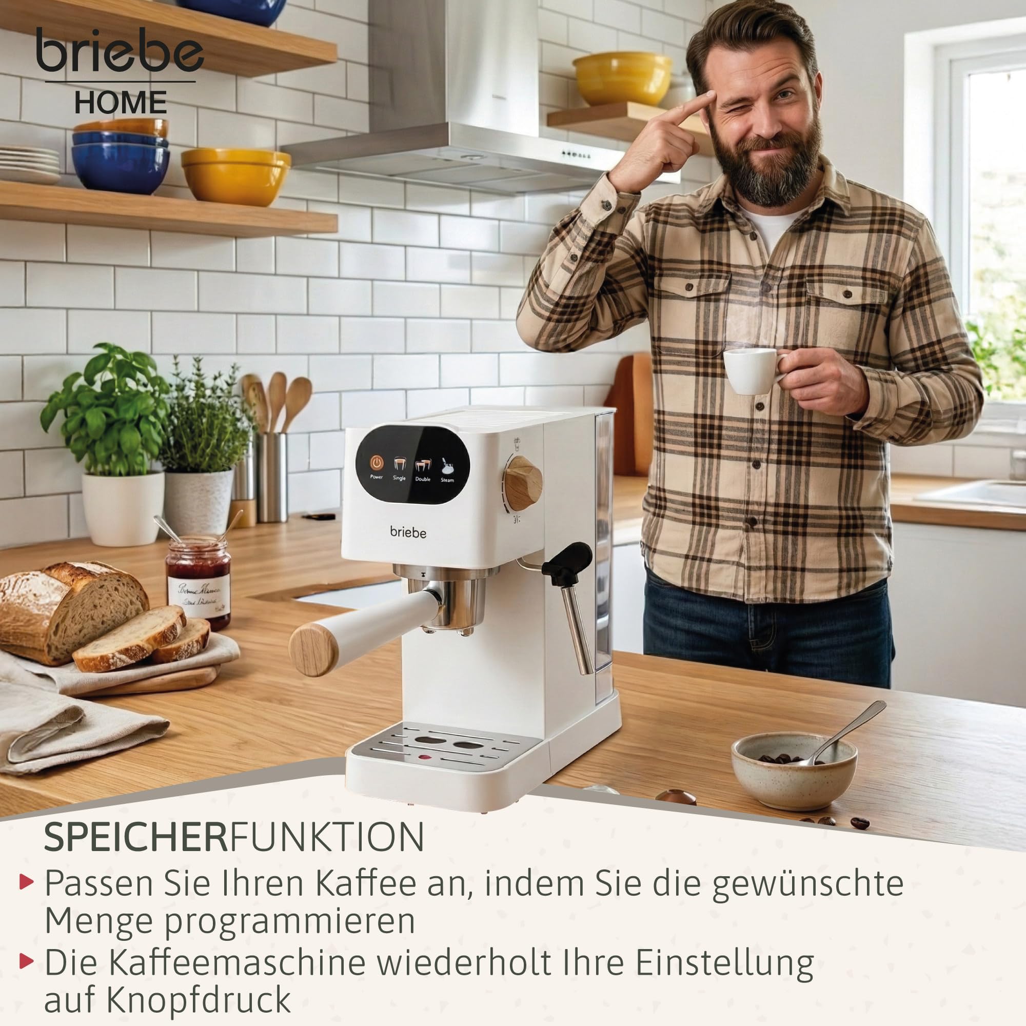 briebe Nordic Kaffeemaschine 20 Bar Kompatibel Nespresso-Kapseln und Kaffeemehl, Espresso Siebträgermaschine 1350W, Milchaufschäumer, Touch-Display, 1,2L Wassertank, Skandinavisches Design, Weiß