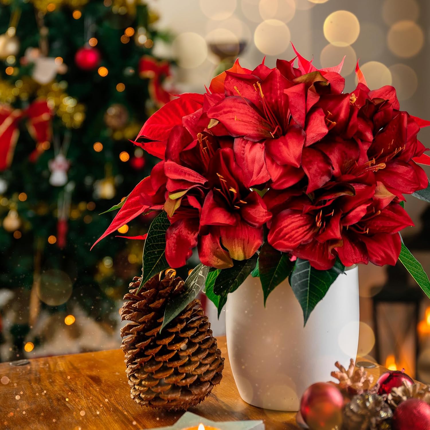 4PCS 17.5 Inch Red Amaryllis Artificial Flowers Faux Amaryllis Flowers Stems with 4 Heads Silk Floral Bouquet for Christmas Home Office Bathroom Table Centerpiece Wedding Party Arrangements - Image 4