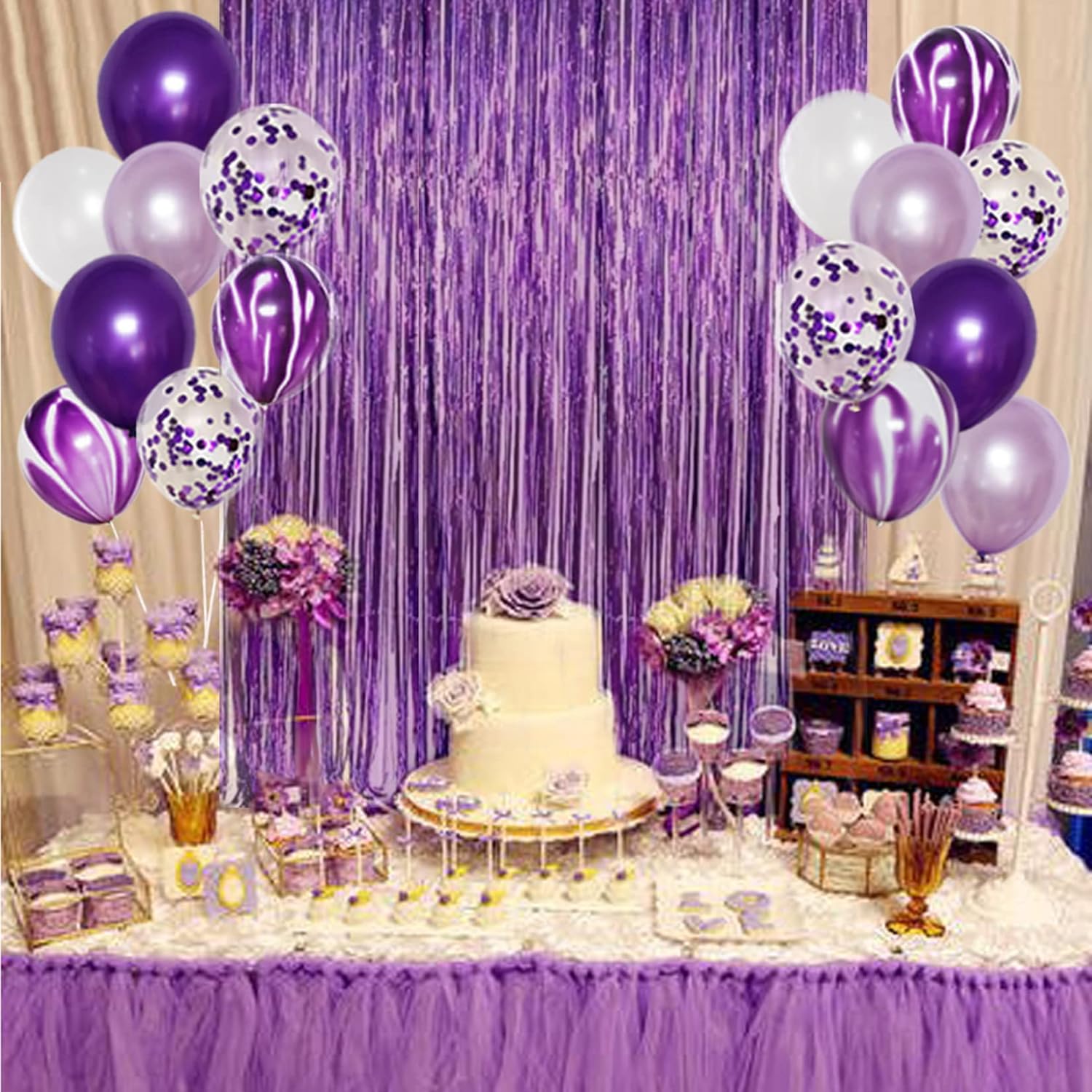 Purple and White Party Decorations Kit with Foil Curtain and Balloons