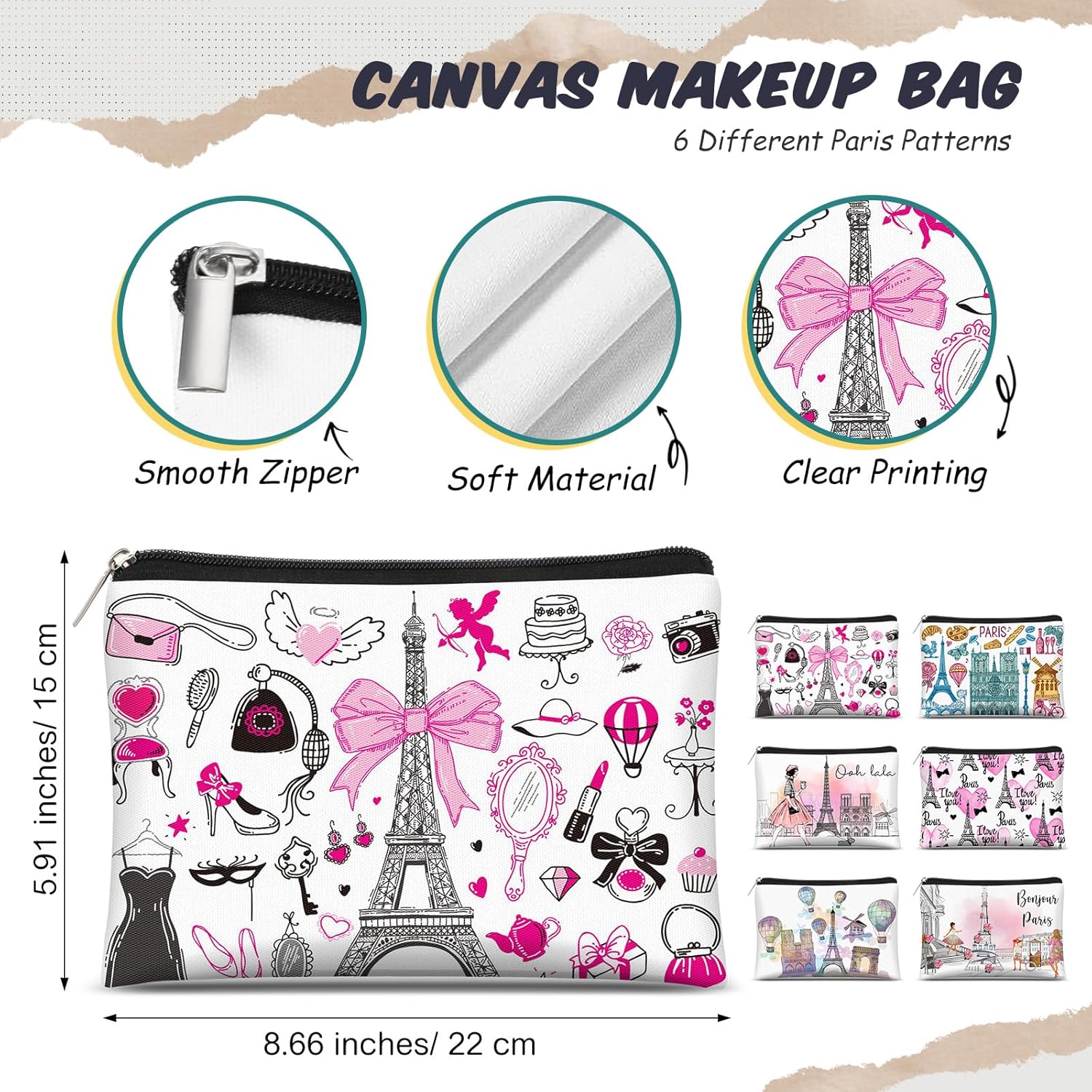 Reginary 6 Pcs City Cosmetic Bag Souvenir Gifts New York Zipper Pouch Chicago Souvenir Seattle Boston Nashville London Paris Italy Alaska Gifts Memento for Women Traveler(Paris) - Image 2